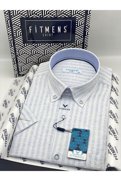 Fitmens Classic Short Sleeve Linen Cotton Lapel Button Gift Boxed Men's Shirt Fs-004152 - Light Blue