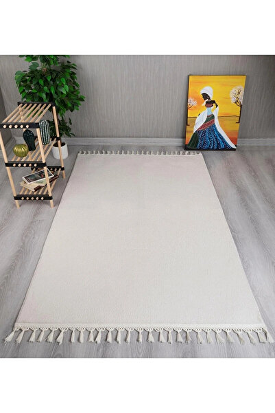 LİNOS HOME Puffy Krem Saçaklı Peluş Halı Yolluk Koridor Halısı Yıkanabilir Kaymaz Taban Halı