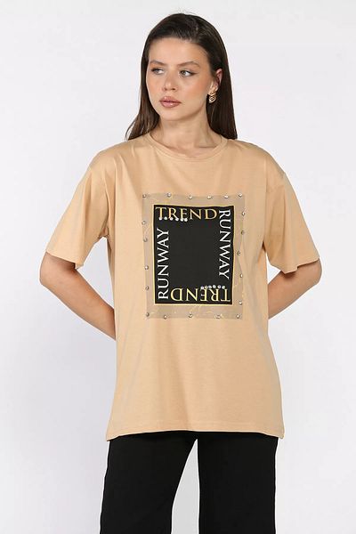 GÜLSELİ Beige Women's Crew Neck Printed Stone T-Shirt