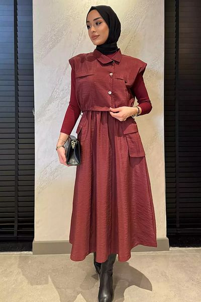 julude Burgundy Snap Cargo Pocket Parachute Fabric Dress Vest Hijab Double Suit
