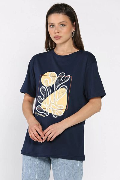 GÜLSELİ Navy Blue Women's Stone Printed Crew Neck T-Shirt