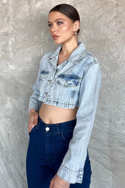 GÜLSELİ Ice Blue Women's Crop Top Jean Denim Jacket