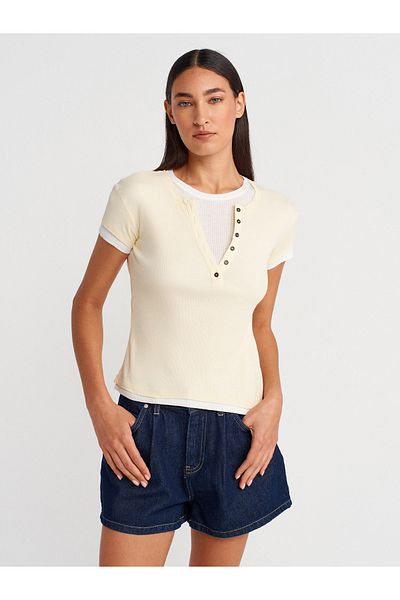 Dilvin 31783 Double Layer Button T-Shirt-Light Yellow