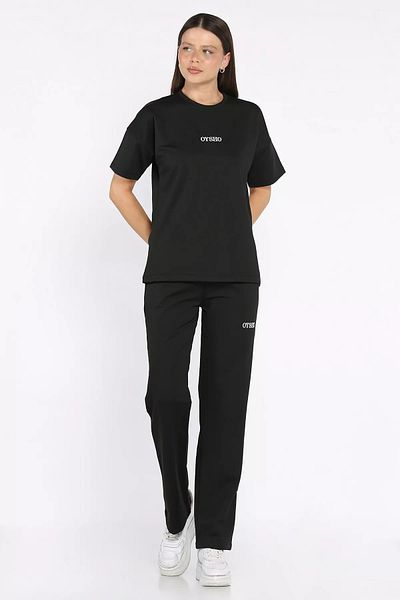 GÜLSELİ Black Women's Crew Neck Embroidery Detailed T-Shirt Pants Double Set