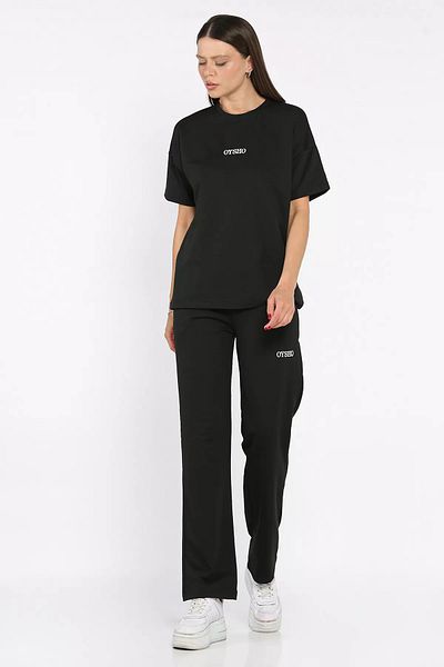 GÜLSELİ Black Women's Crew Neck Embroidery Detailed T-Shirt Pants Double Set