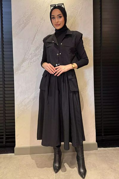 julude Black Snap Cargo Pocket Parachute Fabric Dress Vest Hijab Double Suit