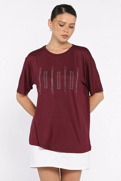 GÜLSELİ Tricou din Lycra cu decolteu cu dungi brodate cu piatră pentru femei, roșu Claret