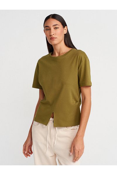 Dilvin 31874 Slit Detailed T-Shirt-Oil Green