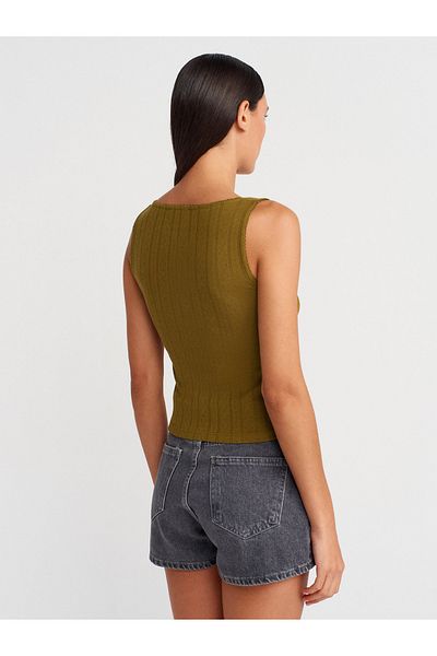 Dilvin 21069 Buttoned Square Collar Top-K.Oil Green