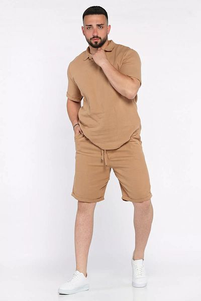 MİSHAR İTALİA Camel Men's Polo Neck T-Shirt Shorts Double Set