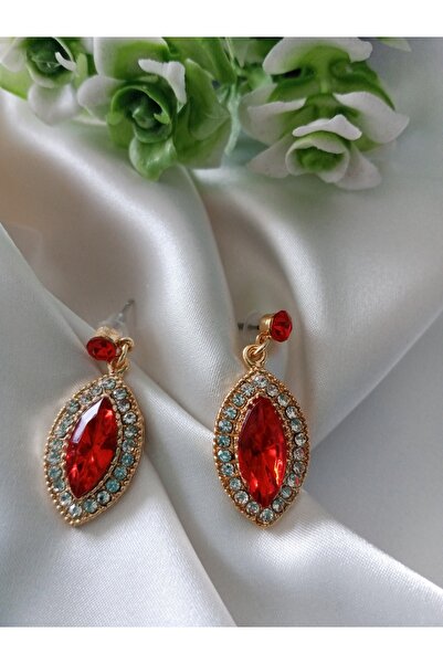 Pervin Ablacım Kırmızı taşlı mekik şeklinde çelik küpe