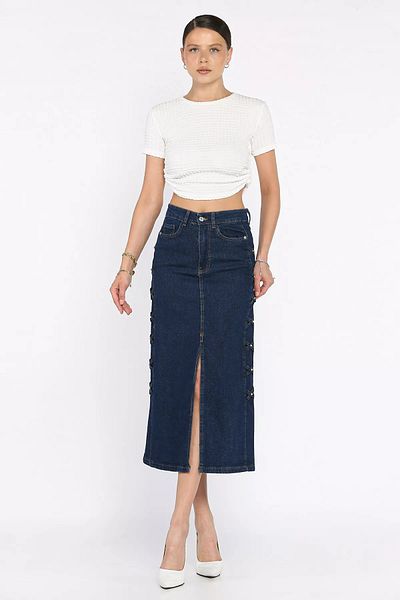 GÜLSELİ Navy Blue Women's Stone Embroidered Slit Detailed Jean Denim Skirt
