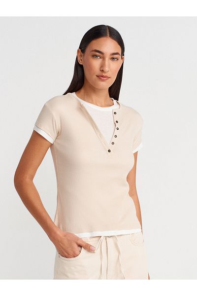 Dilvin 31783 Double Layer Buttoned T-Shirt-Beige