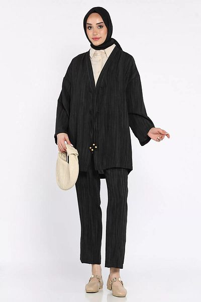 julude Black Front Tie Jacket Trousers Hijab Double Suit