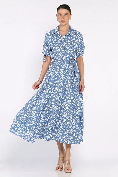 GÜLSELİ Blue Women's Buttoned Floral Print Short Sleeve Dress