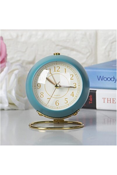 hediyesahibi Dekoratif Yuvarlak Alarmlı Ve Işıklı Masa Saati Mavi