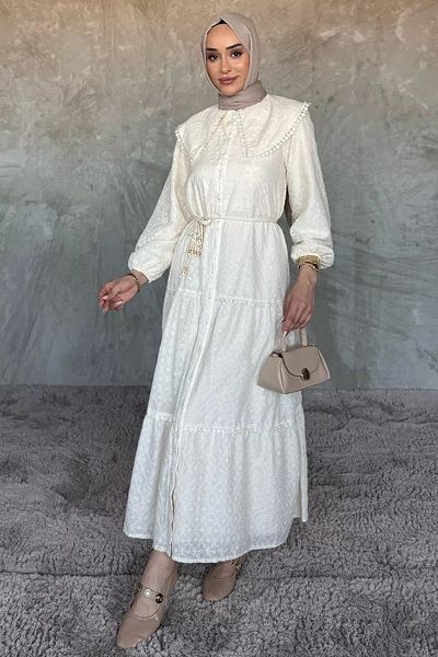 julude Stone Self Patterned Buttoned Ruffle Hijab Dress