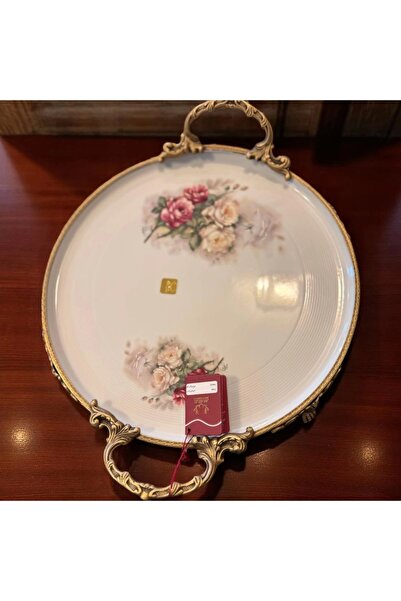 Zuccara Maison Porselen Yuvarlak Tepsi 34 cm – Altın Kulp Detaylı, Çiçek Desenli