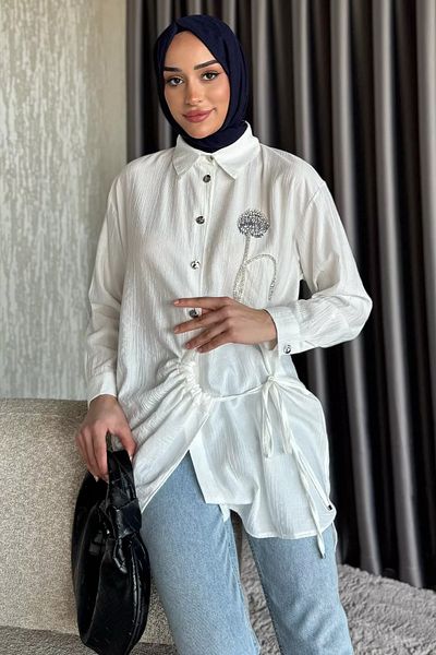 julude Tunica hijab brodata cu piatra cu legare laterala crem