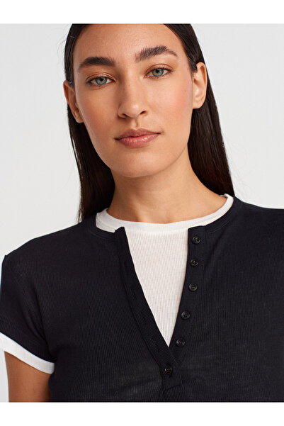 Dilvin 31783 Çift Katlı Düğmeli T-shirt-Siyah