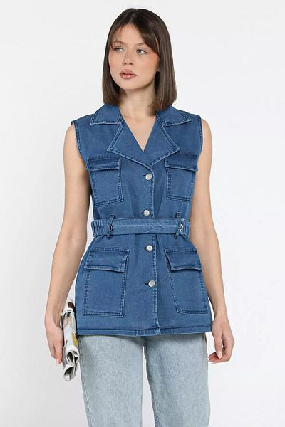 GÜLSELİ Dark Blue Women's Lycra Jean Denim Vest with Pockets and Waist Belt
