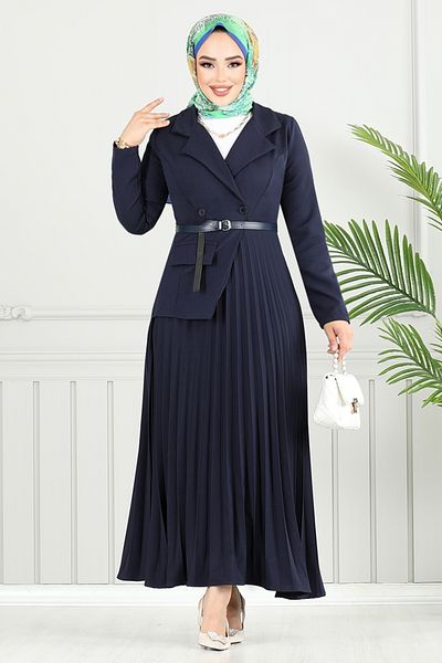 ModaMerve Double Breasted Collar Hijab Dress 4747Znk903-M Navy