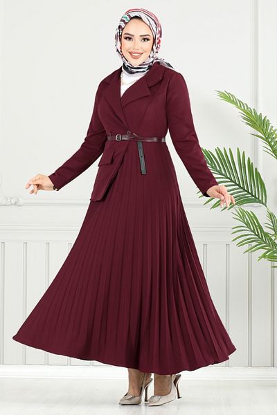ModaMerve Double Breasted Collar Hijab Dress 4747Znk903-M Burgundy