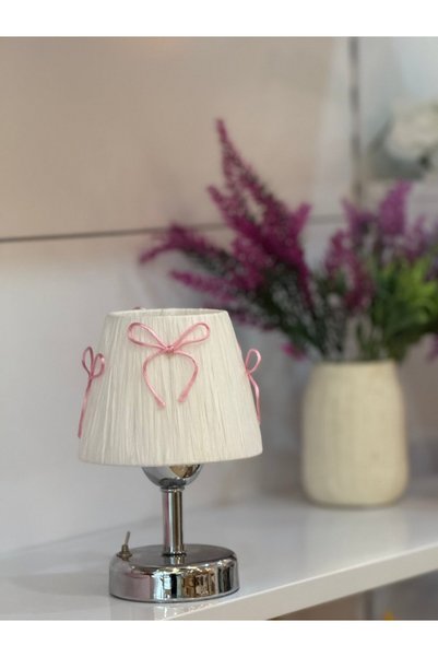 Maison Avf Candy Pembe Fiyonk Kurdele Beyaz Rafya Kablosuz Pilli Masa Lambası - Alt Gümüş