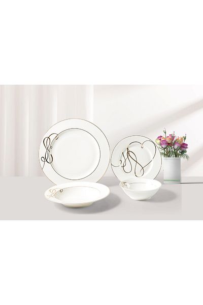 Bien Servi 16-Piece Heart Design Newbone Dinner Set White and Gold