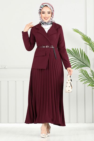 ModaMerve Double Breasted Collar Hijab Dress 4747Znk903-M Burgundy