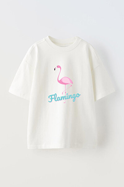 Anetos Μινιμαλιστικό μπλουζάκι Flamingo Front με τύπωμα Cotton White oversized