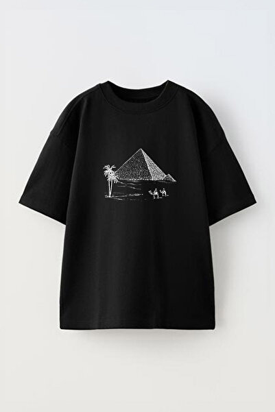 Anetos Tricou supradimensionat din bumbac cu imprimeu desenat al Piramidelor din Egipt, negru