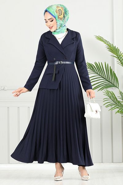 ModaMerve Double Breasted Collar Hijab Dress 4747Znk903-M Navy