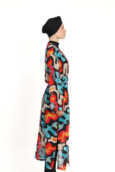 İKSUN Patterned Hijab Tulle Pareo Long Design Kaftan Kimono