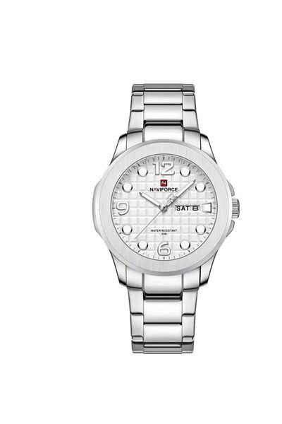 Naviforce Premium Stainless Steel Luxury Mens Watch with Elegant White Dial Stylish Numeric and Crystal