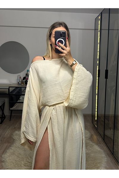 NET OF NOT Violet Beige Muslin Fabric Double Slit Skirt Crop Set