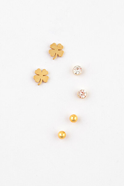 Sortie Aksesuar yonca Figürlü Zirkon Taşlı Paslanmaz Çelik 6'lı Kombin Küpe Seti