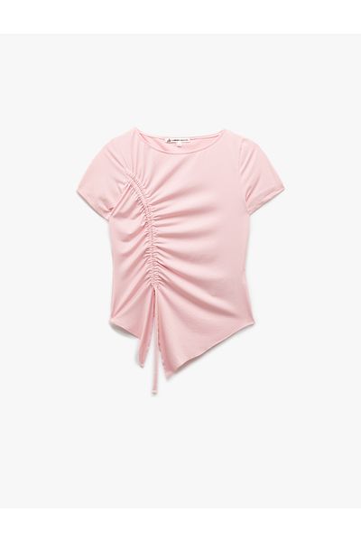 Koton New Season Gathered Crew Neck Short Sleeve Asymmetrical T-Shirt