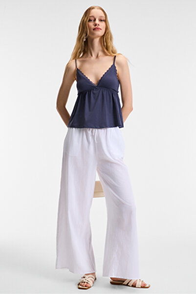 GRIMELANGE Clarvia Women's Triangle Chest Cup Lace Detailed Adjustment Strap Navy Blue Blouse