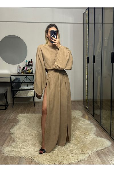 NET OF NOT Violet Mink Muslin Fabric Double Slit Skirt Crop Suit