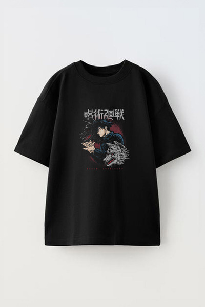 Anetos Tricou Megumi Fushiguro Front cu imprimeu Cotton Black supradimensionat
