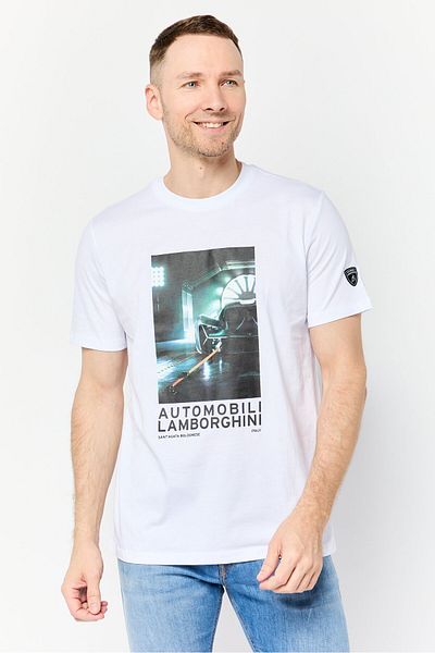 Lamborghini Men Crew Neck Short Sleeves Graphic Printed T-shirt, White