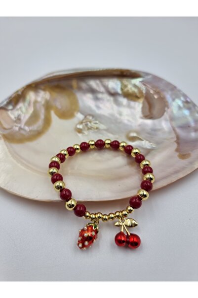 MZAtelier Lastikli Gold Detay Çilek Kiraz Charm Bileklik