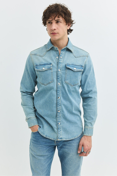 Denim Trip Regular Fit Açık İndigo Erkek Jean Gömlek