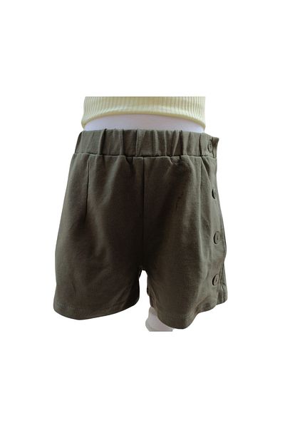 fancykidsantalya Girl's Shorts Left Side Accessory Buttoned Khaki Color 100% Cotton