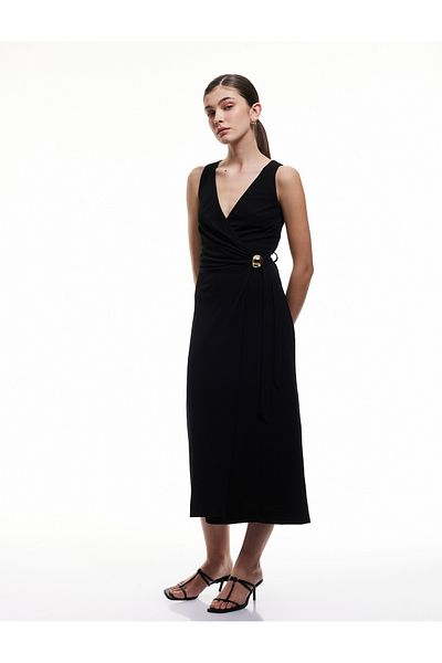 Koton New Season Metal Accessory Detailed Sleeveless V-Neck Long Double-Breasted Dress