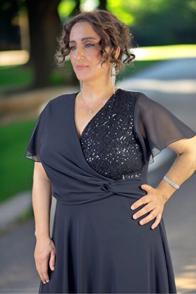 yagmurberen Kruvaze Breast Angel Sleeve Sequence Lined Skirt Plus Size Chifon Evening Dress