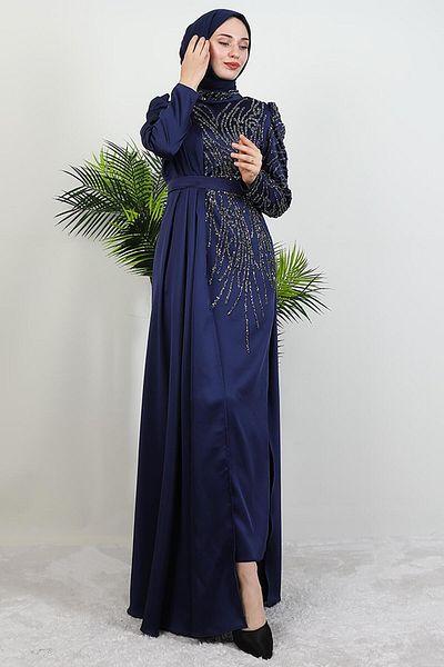 giz astore Royal Satin Evening Dress Navy Blue