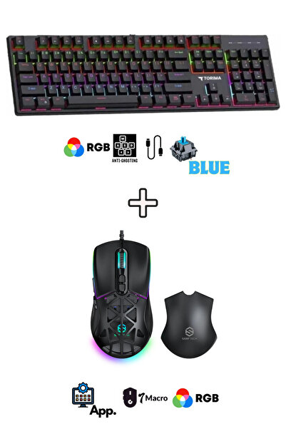 Sarftech Siyah Beyaz RGB Gaming Mekanik Makrolu Kablolu Oyuncu Klavye Mouse Seti
