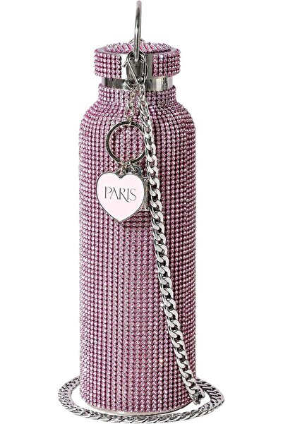 Paris Hilton 750 ml Pembe Paslanmaz Su Şişesi, Taşıma Zincirli, Elmas Taşlı